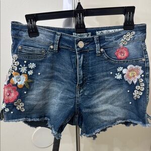 Indigo Rein Blue and Pink Jean Shorts with Floral Embroidery